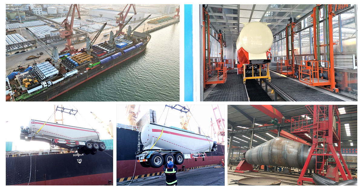 Powder tanker semi trailers being packed and shipped at factory and port, showing fully assembled tankers loaded onto transport vehicles, cranes at dockside, and trailers ready for global delivery 85CBM 3 essieux Citerne à ciment en vrac Semi-remorque