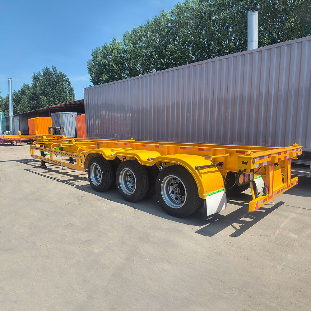 3 axle 20ft skeletal semi trailer rear three quarter view showing rear frame and lighting system