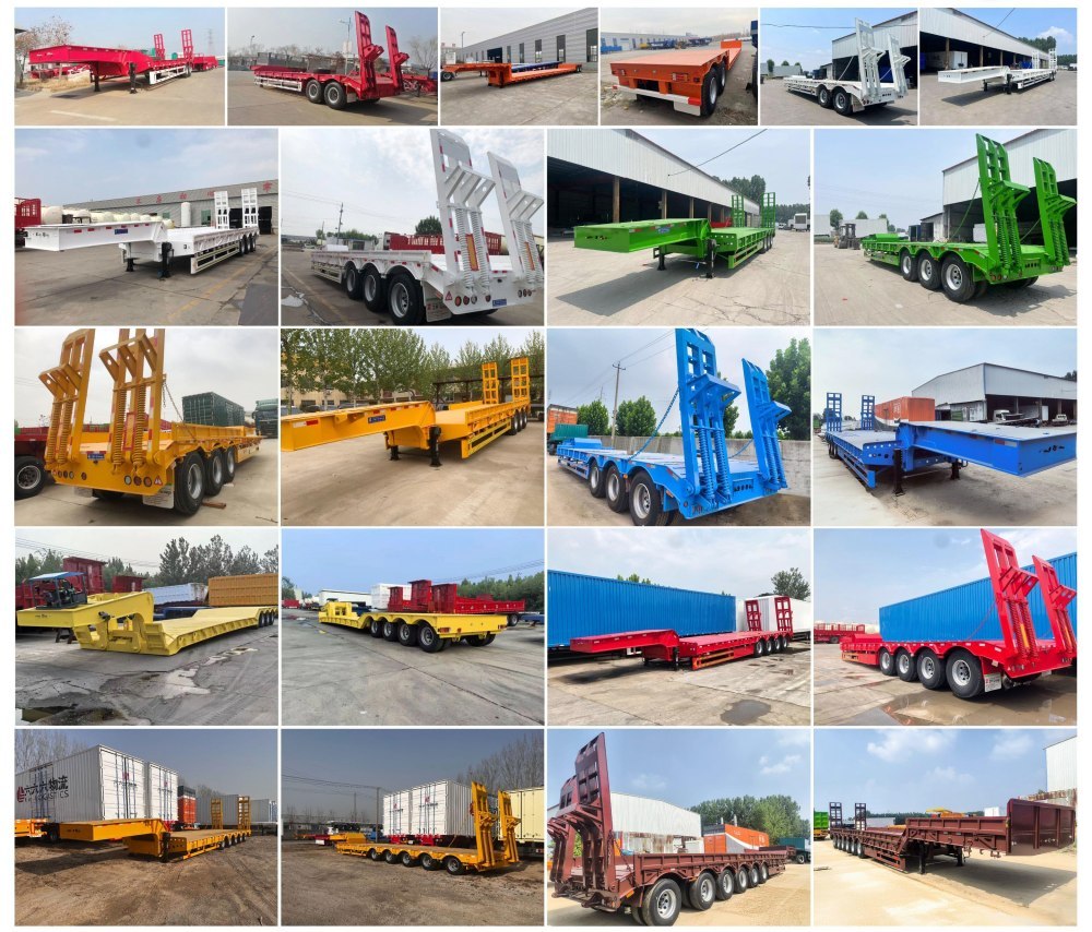 ZW Group heavy-duty lowbed semi-trailer fleet gallery: multiple axle configurations and customized low loading trailers for global export. 4 essieux 100 tonnes Semi-remorque plateforme