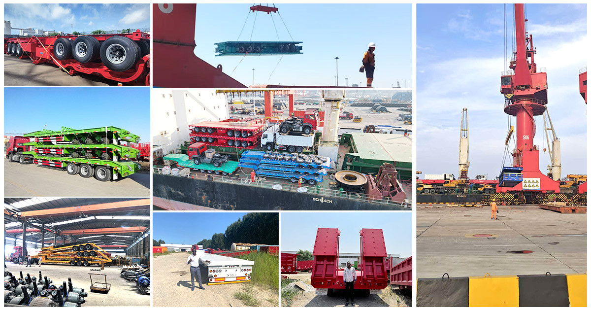 ZW Group lowbed trailer factory production and international shipping: specialized export packaging, port crane loading, and global logistics service. 4 essieux 100 tonnes Semi-remorque plateforme