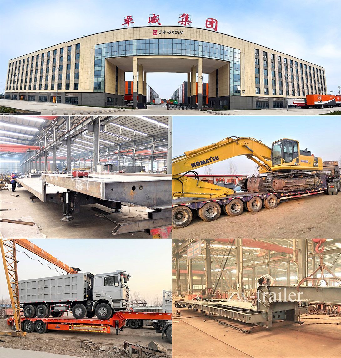 ZW Group manufacturing factory and quality inspection: heavy-duty lowbed trailer loading test with excavator and dump truck, ensuring structural integrity and load-bearing performance. 4 essieux 100 tonnes Semi-remorque plateforme