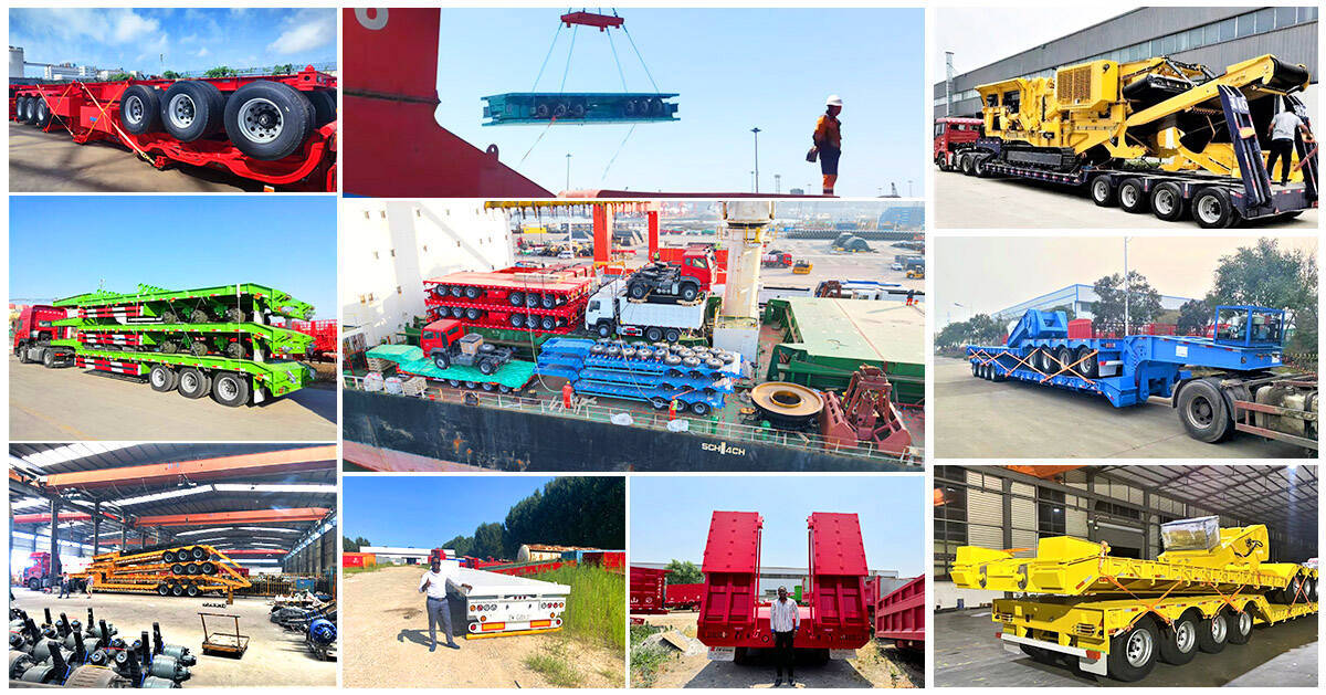 A collage highlighting the gooseneck semi trailers being packed in the factory and then shipped at the port for international delivery. Remorque à essieux amovible à 3 essieux