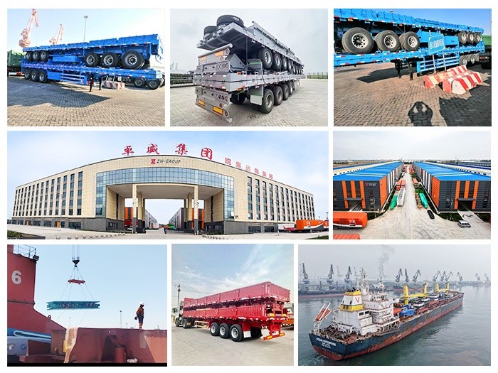 Full view of ZW Group fence semi trailers at the port ready for shipment, including 2-6 axle models with reinforced cargo decks and removable side panels Semi-remorque à 3 essieux 60T pour vrac à ridelles