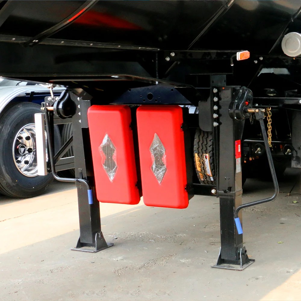 3 axle 30000L chemical tank trailer landing gear detail showing heavy duty mechanical support system for stable parking and loading operation 3 axle 30000L chemical tank trailer landing gear detail showing heavy duty mechanical support system for stable parking and loading operation