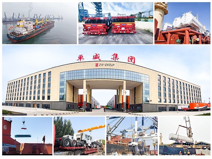 ZW Group factory gate and port shipment scene showing HOWO trucks, Shacman trucks and various semi trailers including flatbed, lowbed, tanker and cargo trailers prepared for overseas delivery Semirremolque de Carga a Granel con Valla de 3 Ejes