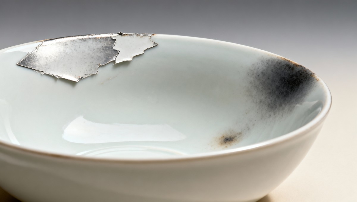 Porcelain serving dishes discoloring near metal utensil marks—oxidation or glaze wear?