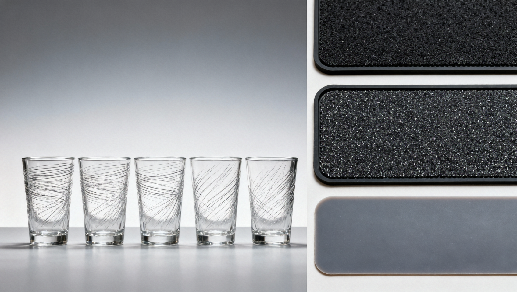 Glass cocktail cups scratching after bar mat contact—surface hardness vs. abrasive backing material