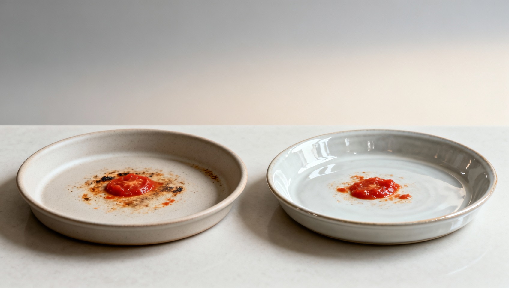 Porcelain baking dishes discoloring in oven use — do matte finishes hide stains better than glossy?