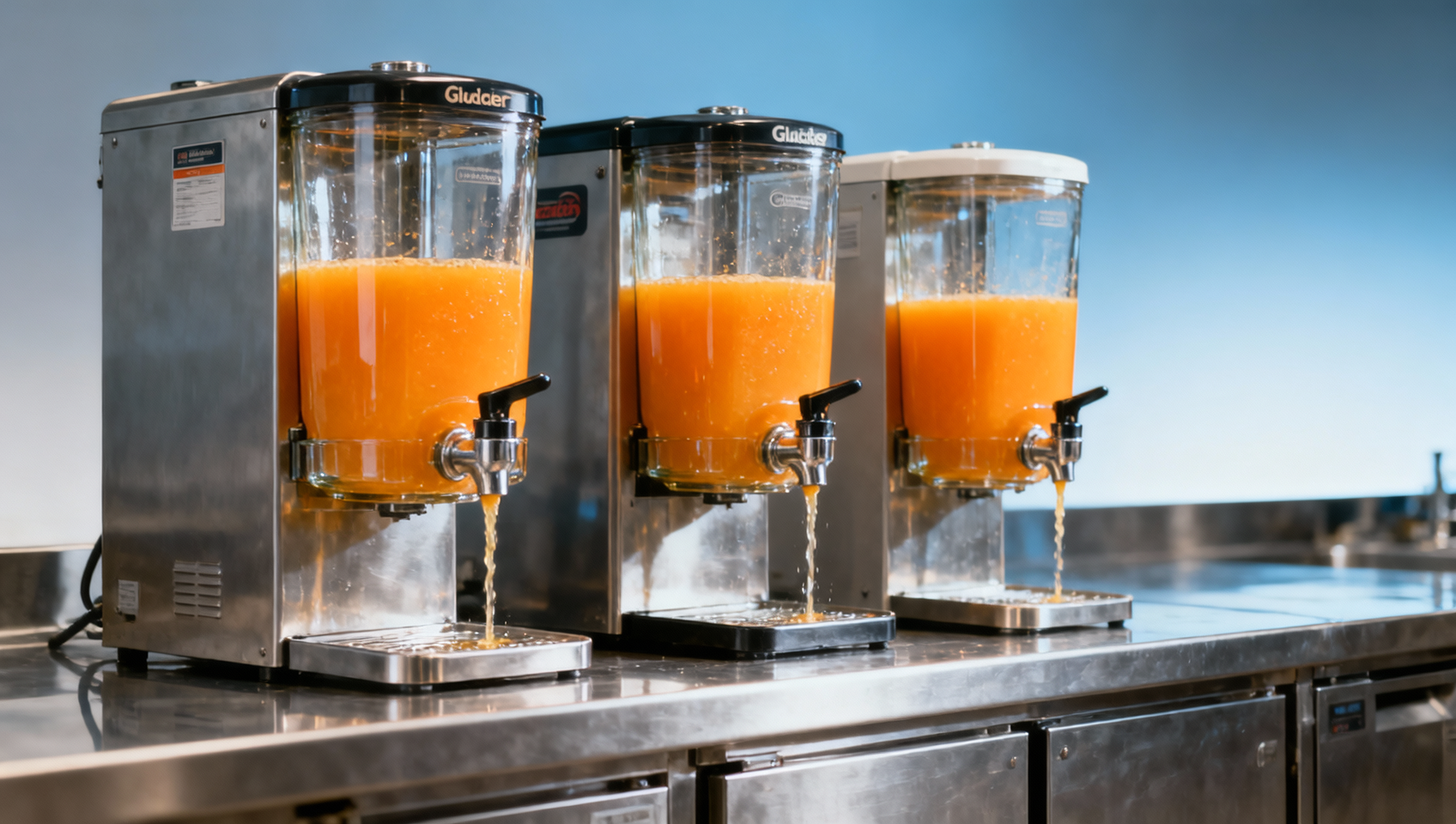 Glass juice dispensers show inconsistent pour rates across brands