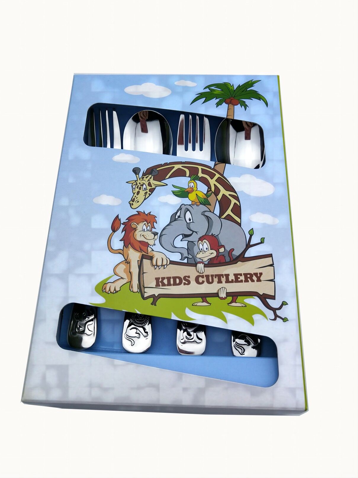 Wholesale Baby Flatware Cartoon Animal Pattern Fork And Spoon Kitchen ,Stainless Steel Kids Cutlery Set, 4 pcs set in a color box.