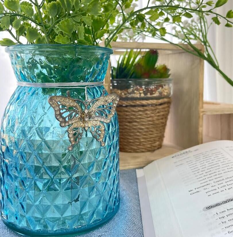 Modern Simple Style Blue Flower Glass Vases ,for Home Living Room Aand Office Tabletop Decor Or Gift