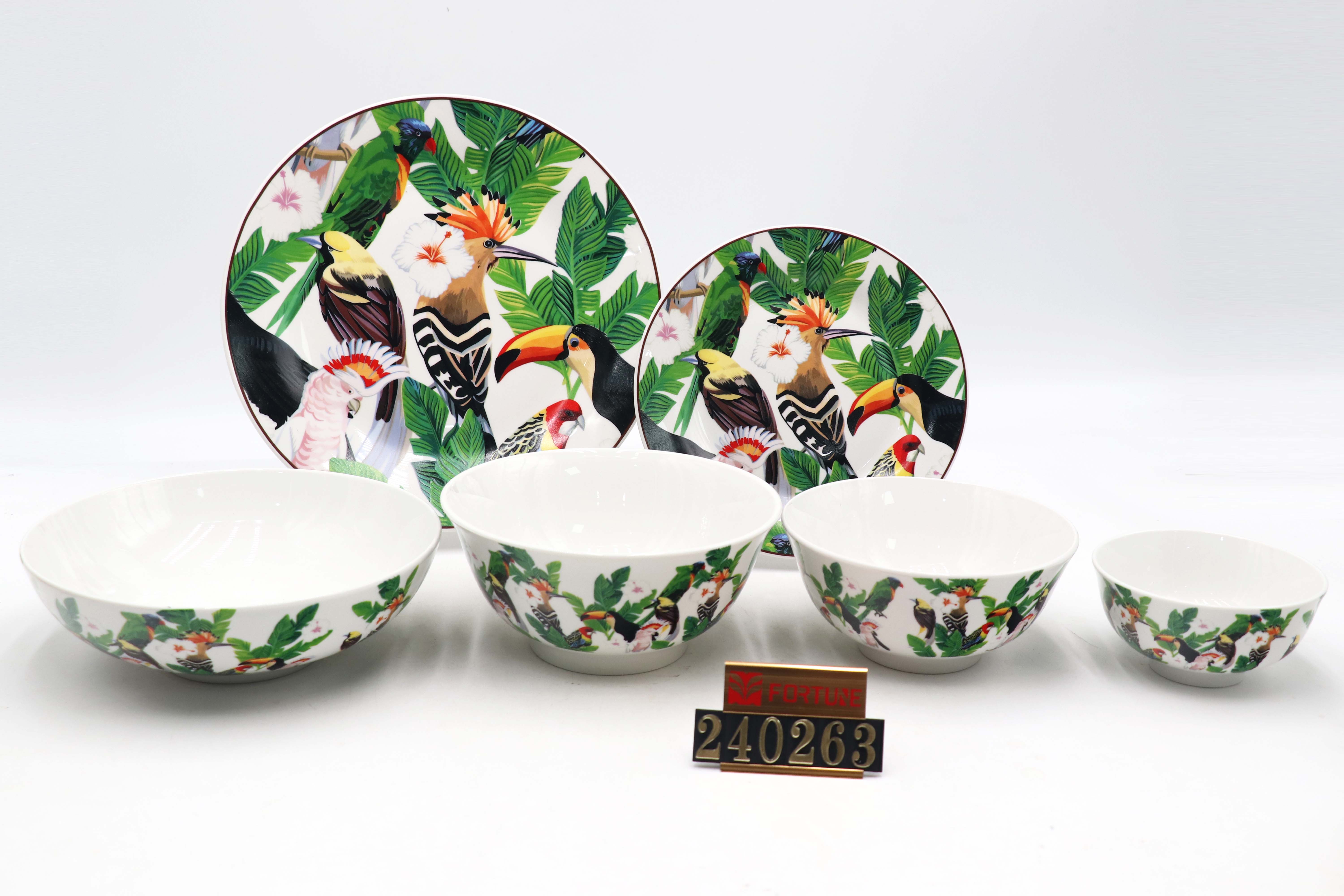 Natural Design Ceramic Dinnerware Set, White Porcelain with Bird Pattern Tableware, Bowl/Plate