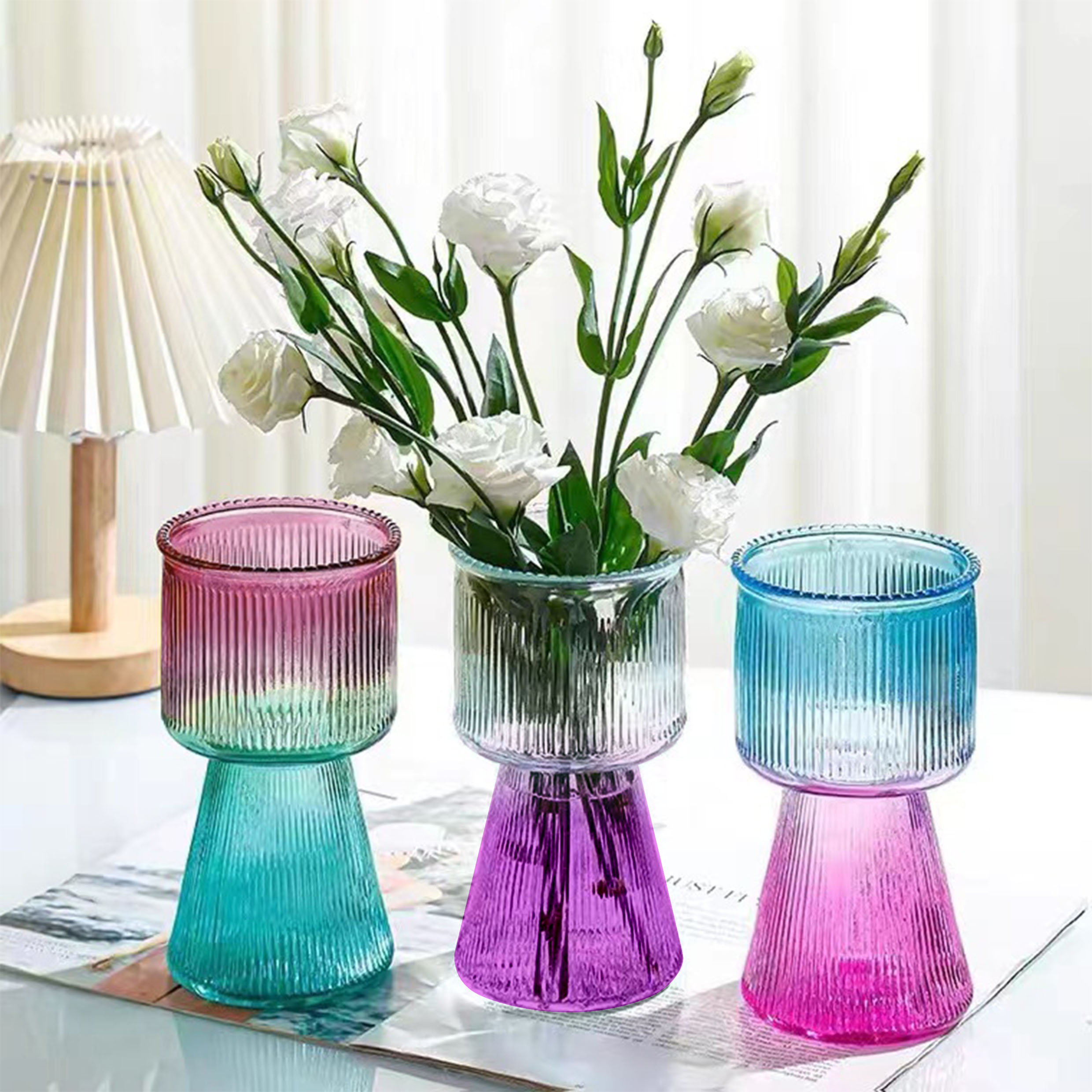 Ribbed Glass Vase, Clear Glass Vase, Flower Vase for Centerpieces, Tall Vase, Large Glass Vase, Modern Vase for Living Room, Dining Table, Entryway, Mantle, Shelf, Wedding, Office