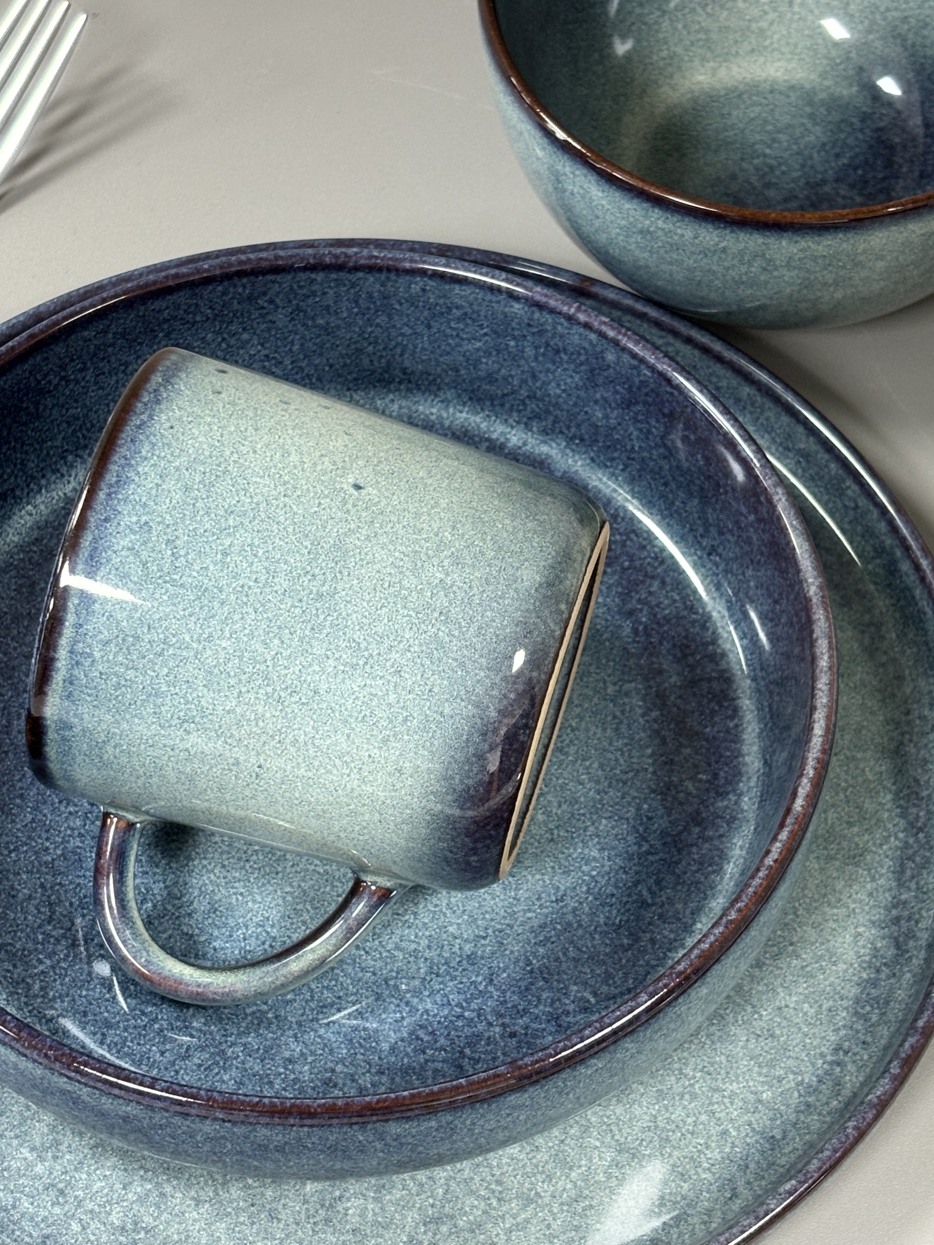 Blue Reactive Glaze Ceramic Tableware, Kiln Glaze Porcelain Dinnerware Set, Bowl/Plate