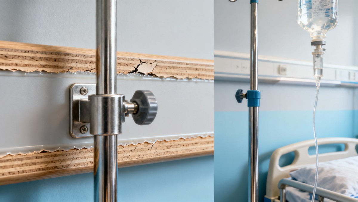 Hospital furniture laminates peeling near IV pole mounts—adhesive choice or thermal cycling?