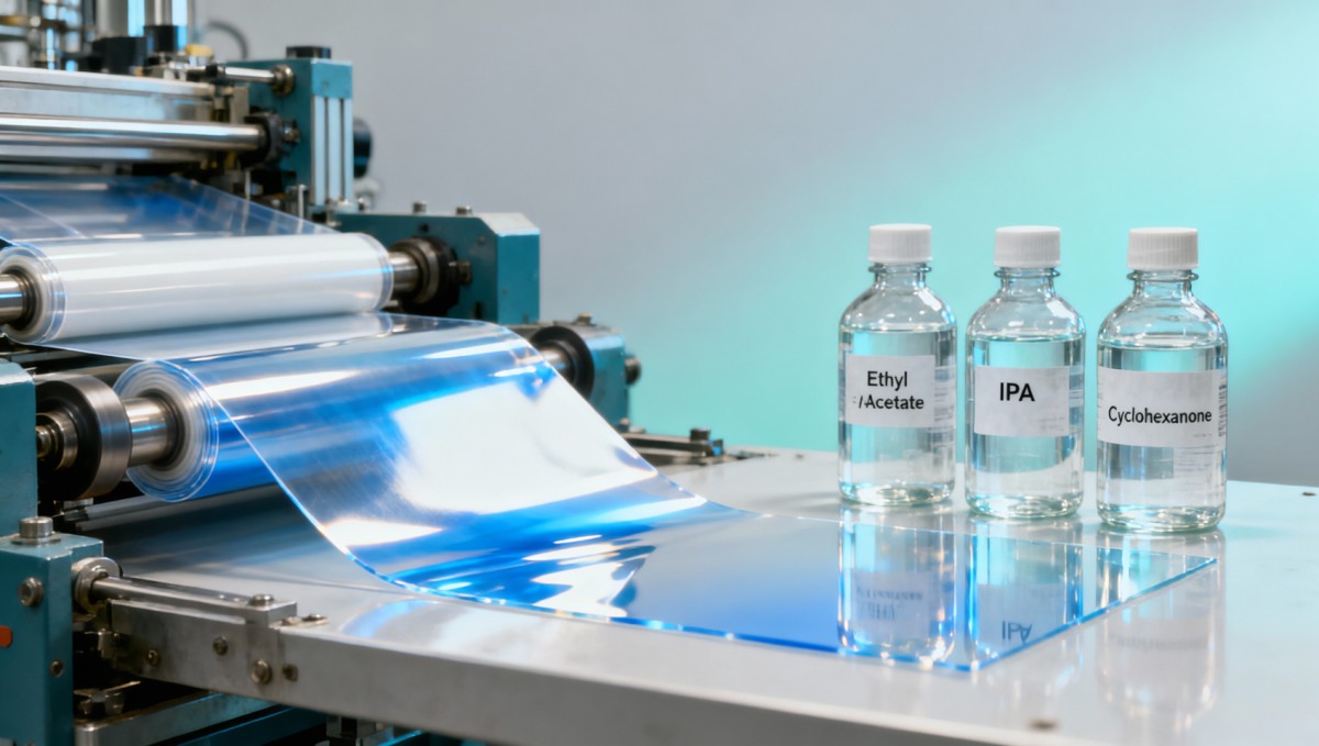 Solvents compatible with PET film—but not with common adhesive layers Solvents compatible with PET film—but not with common adhesive layers