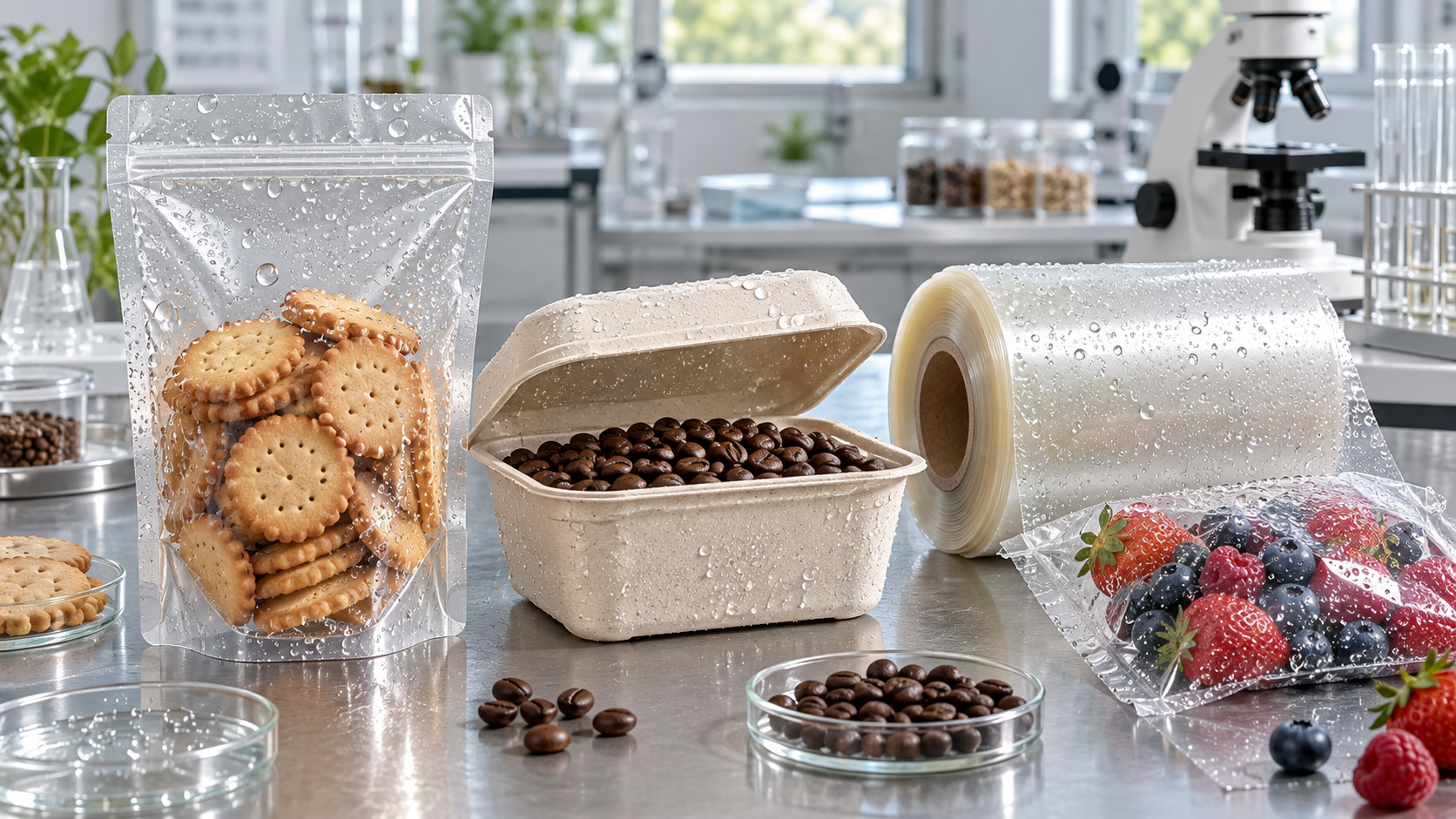 Which biodegradable green packaging materials protect food from moisture?