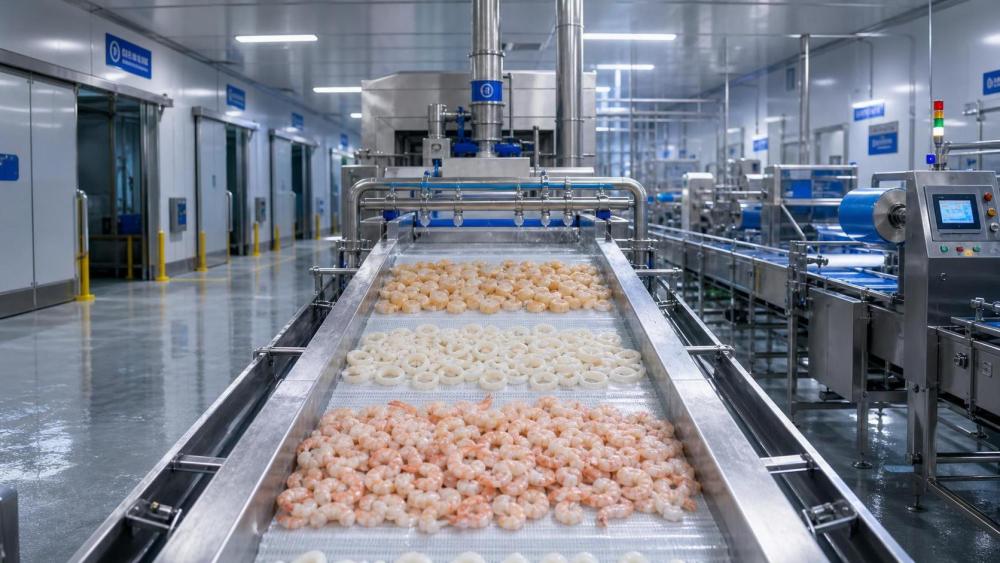 Which seafood processing solutions suit high-volume frozen products?