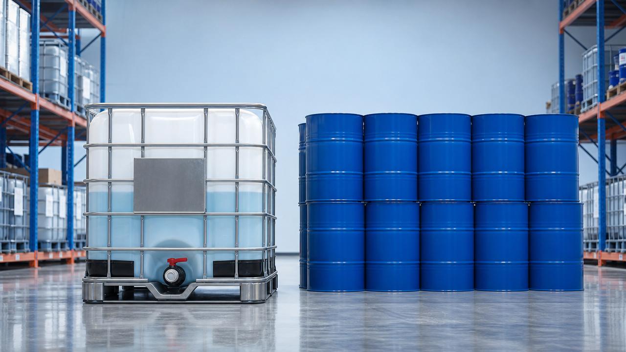 IBC totes or drums which saves more in daily handling