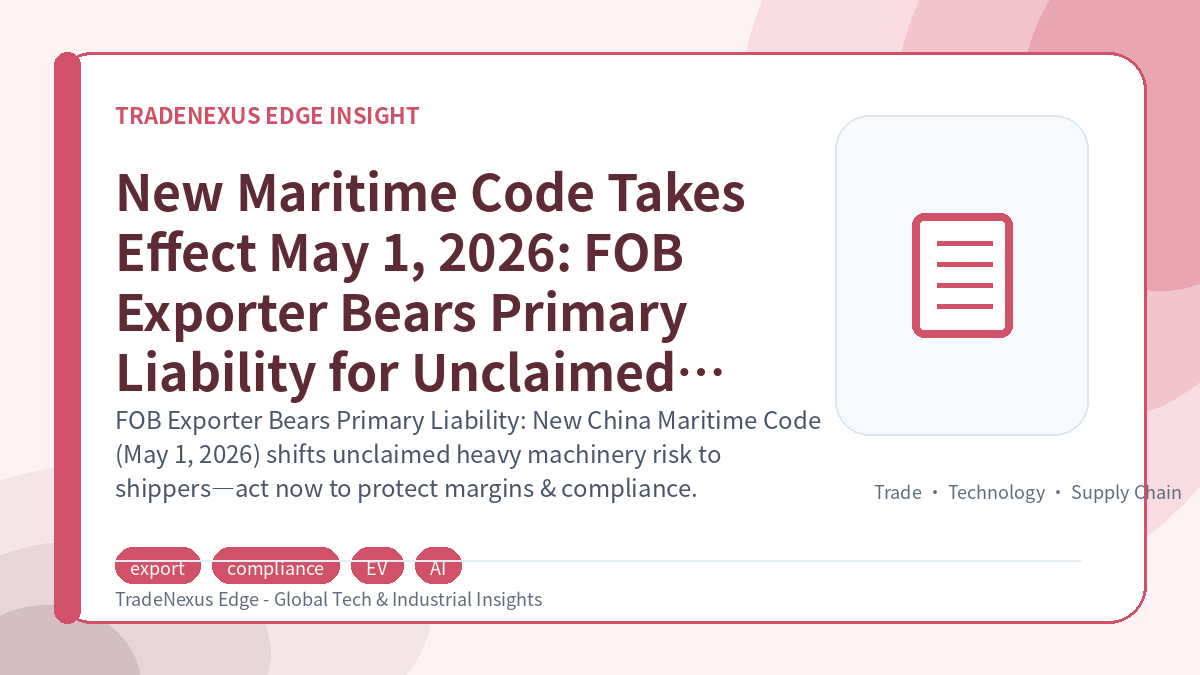 New Maritime Code Takes Effect May 1, 2026: FOB Exporter Bears Primary Liability for Unclaimed Heavy Machinery New Maritime Code Takes Effect May 1, 2026: FOB Exporter Bears Primary Liability for Unclaimed Heavy Machinery