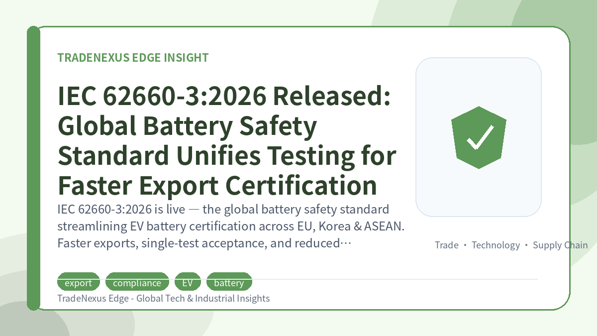 IEC 62660-3:2026 Released: Global Battery Safety Standard Unifies Testing for Faster Export Certification IEC 62660-3:2026 Released: Global Battery Safety Standard Unifies Testing for Faster Export Certification