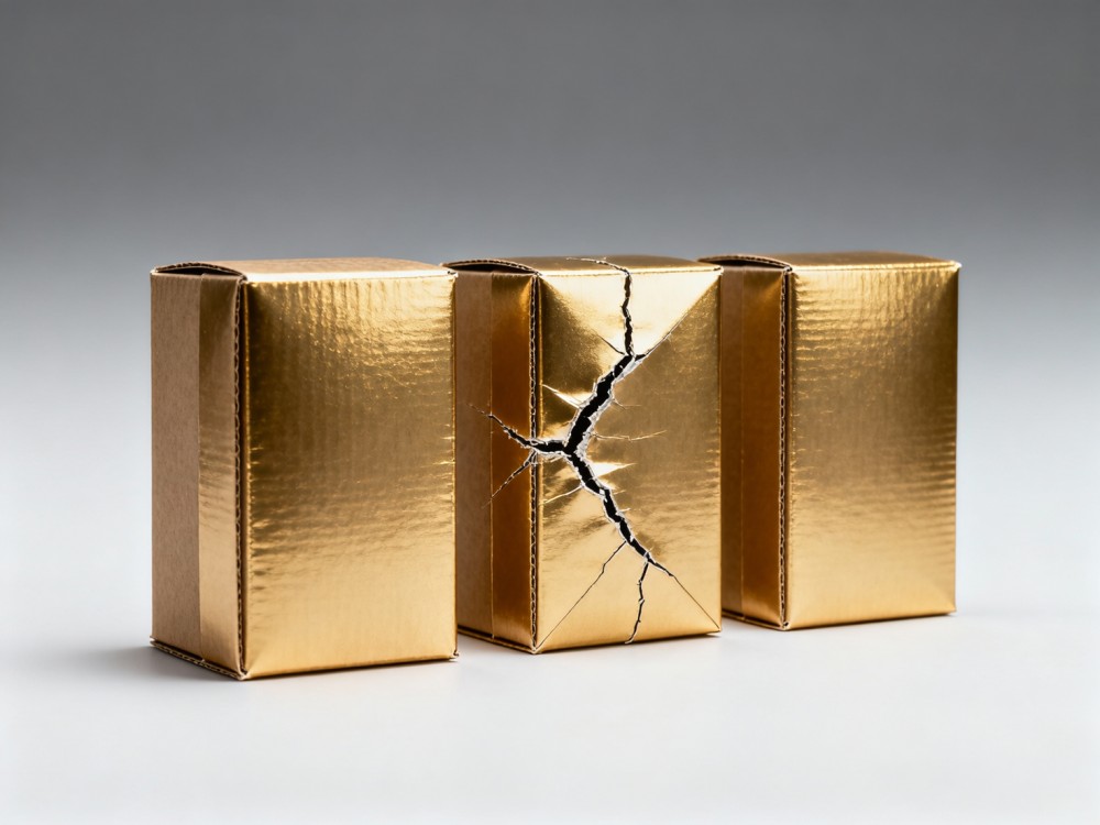 Rigid gift boxes cracking along fold lines—crease depth calibration varies across production shifts