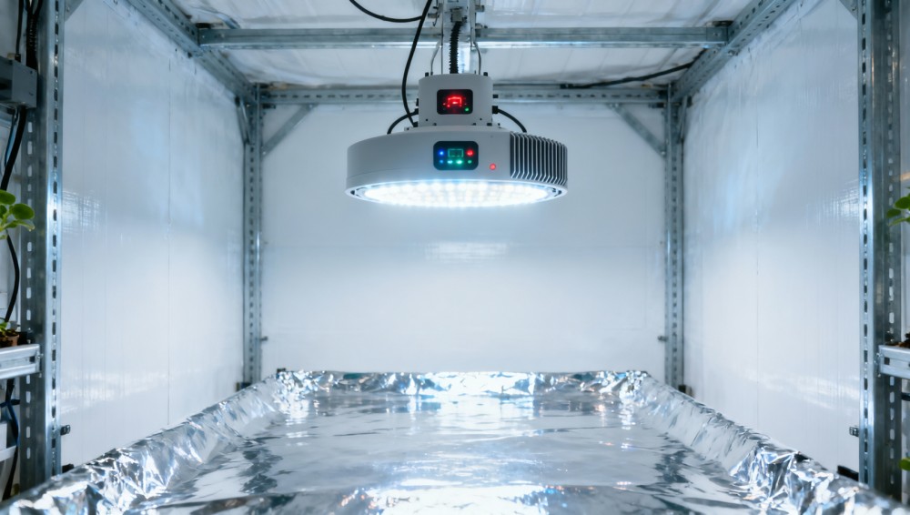 Indoor LED grow lights with ‘auto-sensing’ modes often misread reflective surfaces as canopy density