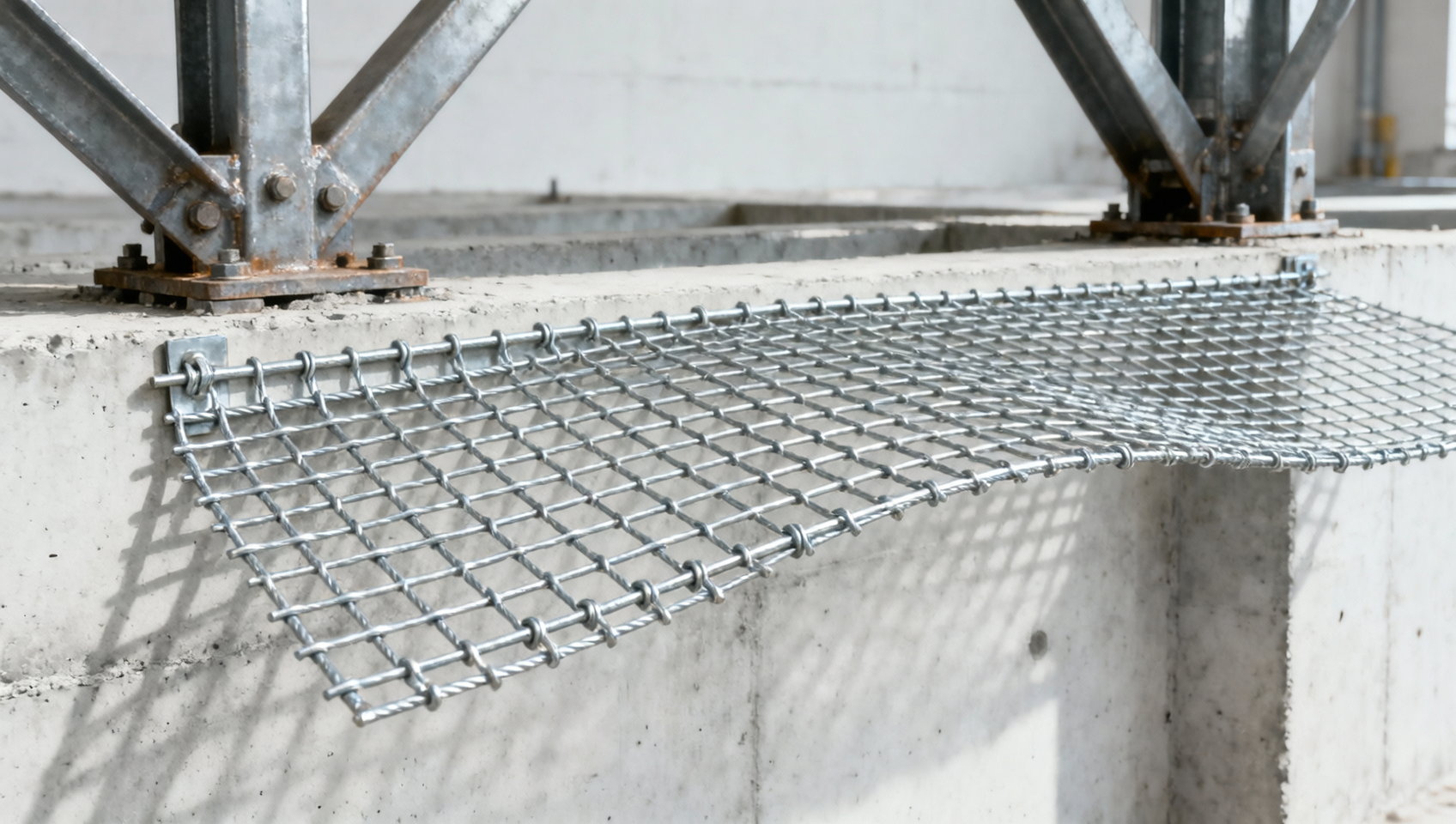 Welded wire mesh panels rated for containment — but deflect beyond safety thresholds at 12m spans