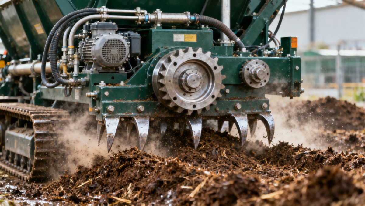 Compost turner machine torque demand spiking unpredictably—material density shift or drive train wear?