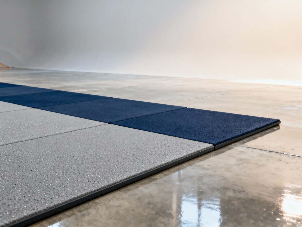 Indoor playground flooring samples labeled 