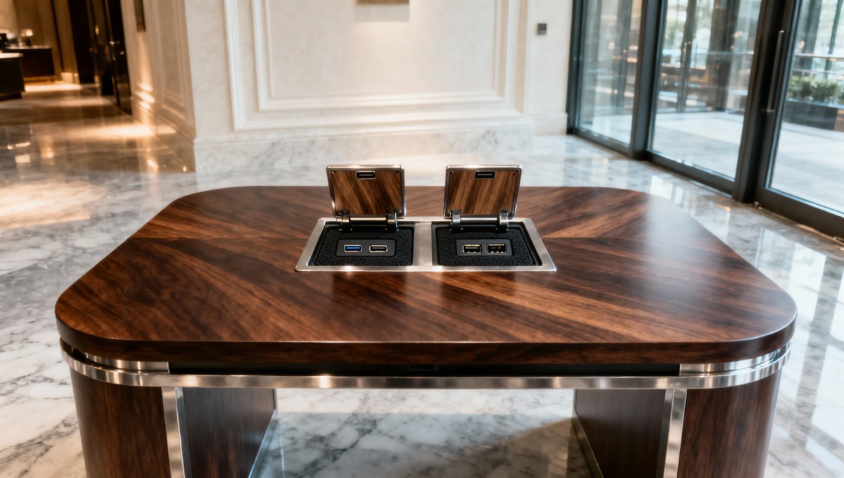 Hotel tables with hidden cable management—and visible warping after six months Hotel tables with hidden cable management—and visible warping after six months