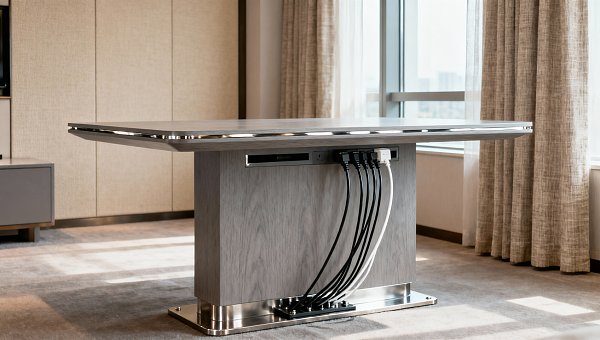 Hotel desks with built-in cable management—and why that matters for acoustics Hotel desks with built-in cable management—and why that matters for acoustics