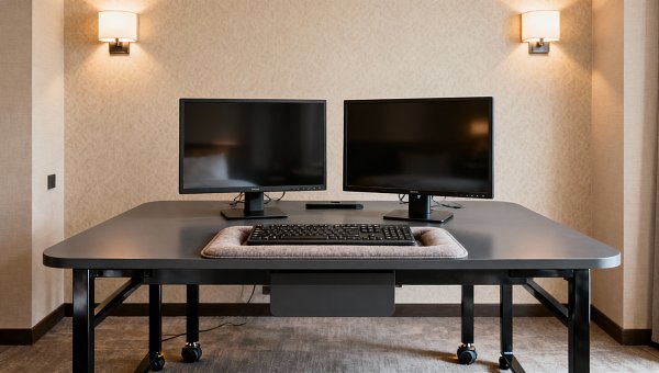 Hotel desks that support dual monitors without amplifying keyboard noise Hotel desks that support dual monitors without amplifying keyboard noise