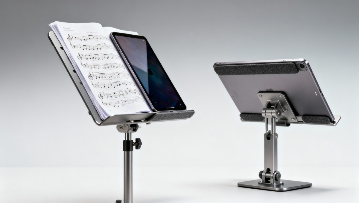Music stands compatible with both printed and tablet scores Music stands compatible with both printed and tablet scores