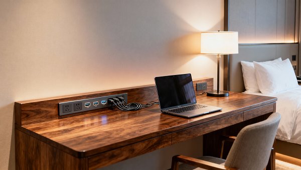 Hotel desks with built in power are now expected Hotel desks with built in power are now expected
