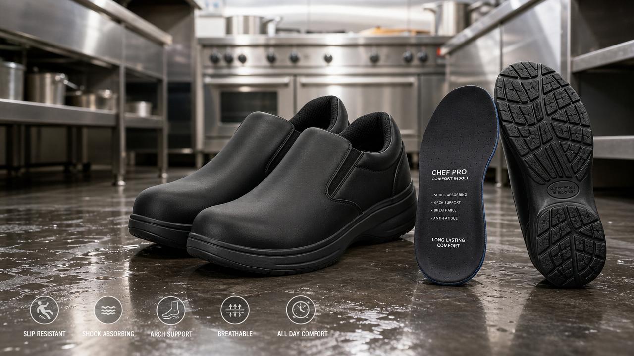 What makes non slip chef shoes comfortable for 12-hour shifts