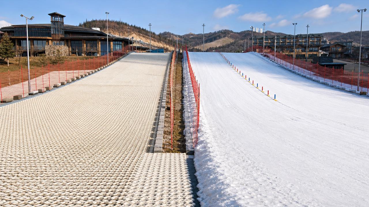 Artificial snow mats vs real snow for beginner ski zones
