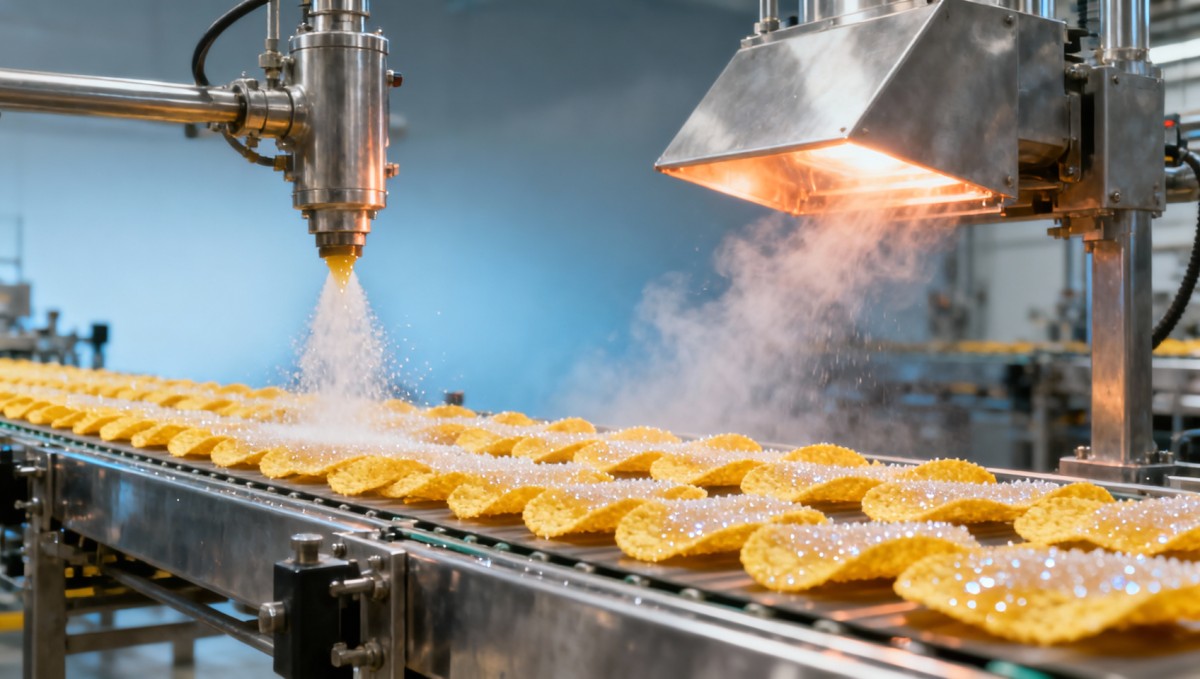 Corn flakes processing line sugar coating adhesion fails below 22°C ambient temperature