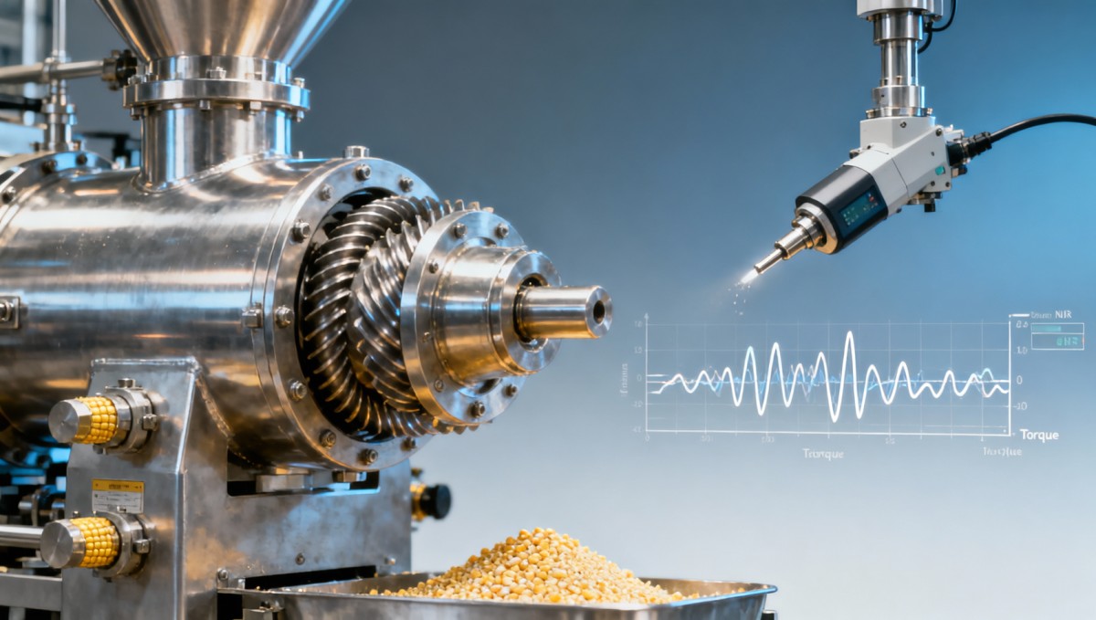 Snack pellet making machine extrusion torque spikes during corn grits moisture shifts