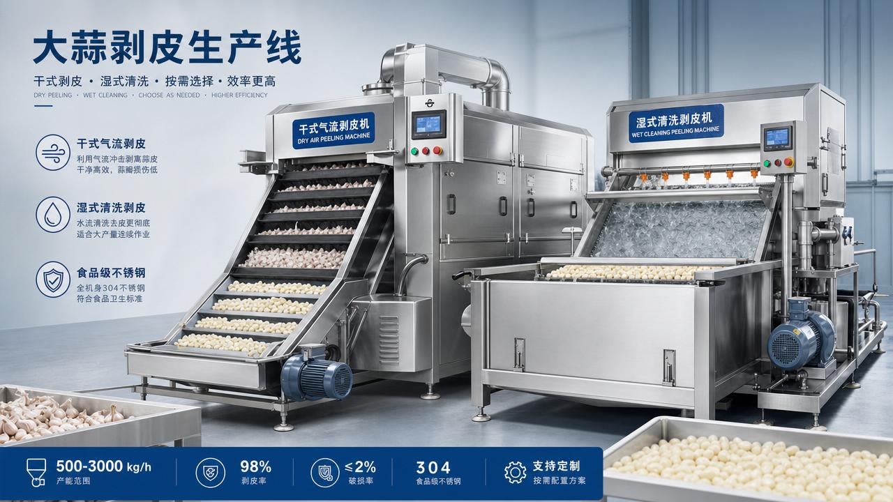 Garlic peeling machine commercial: dry peel or wet peel line