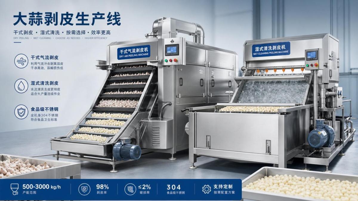 Garlic peeling machine commercial: dry peel or wet peel line