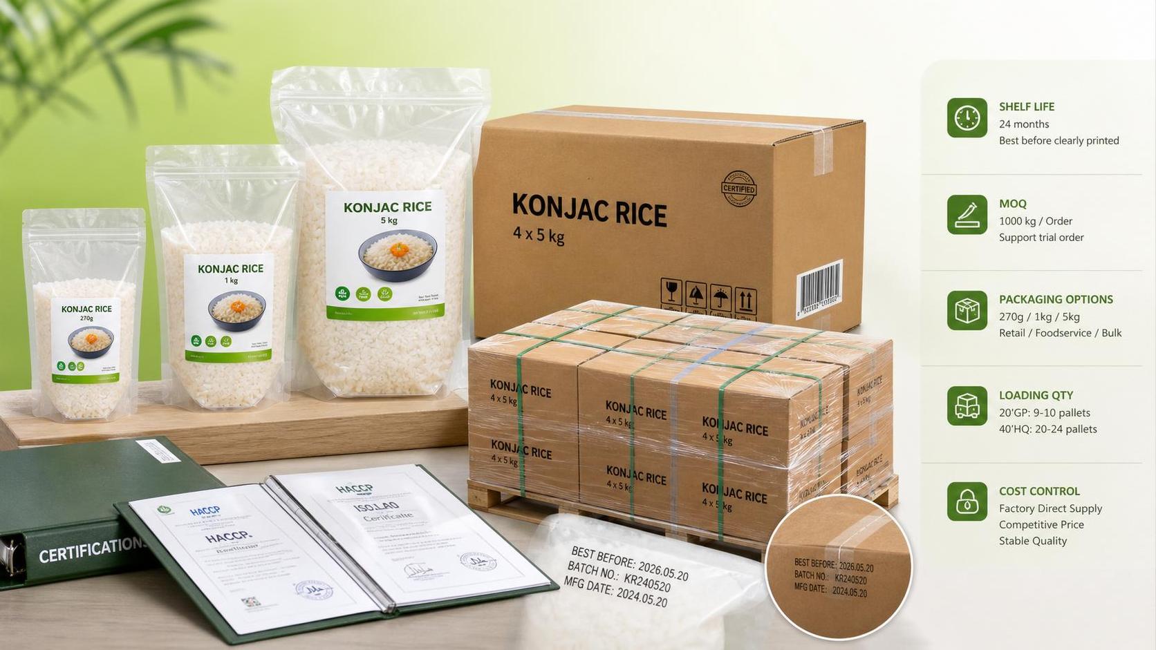 Bulk Konjac Rice Buying Guide: Pack Formats, Shelf Life, MOQ, and Cost Drivers