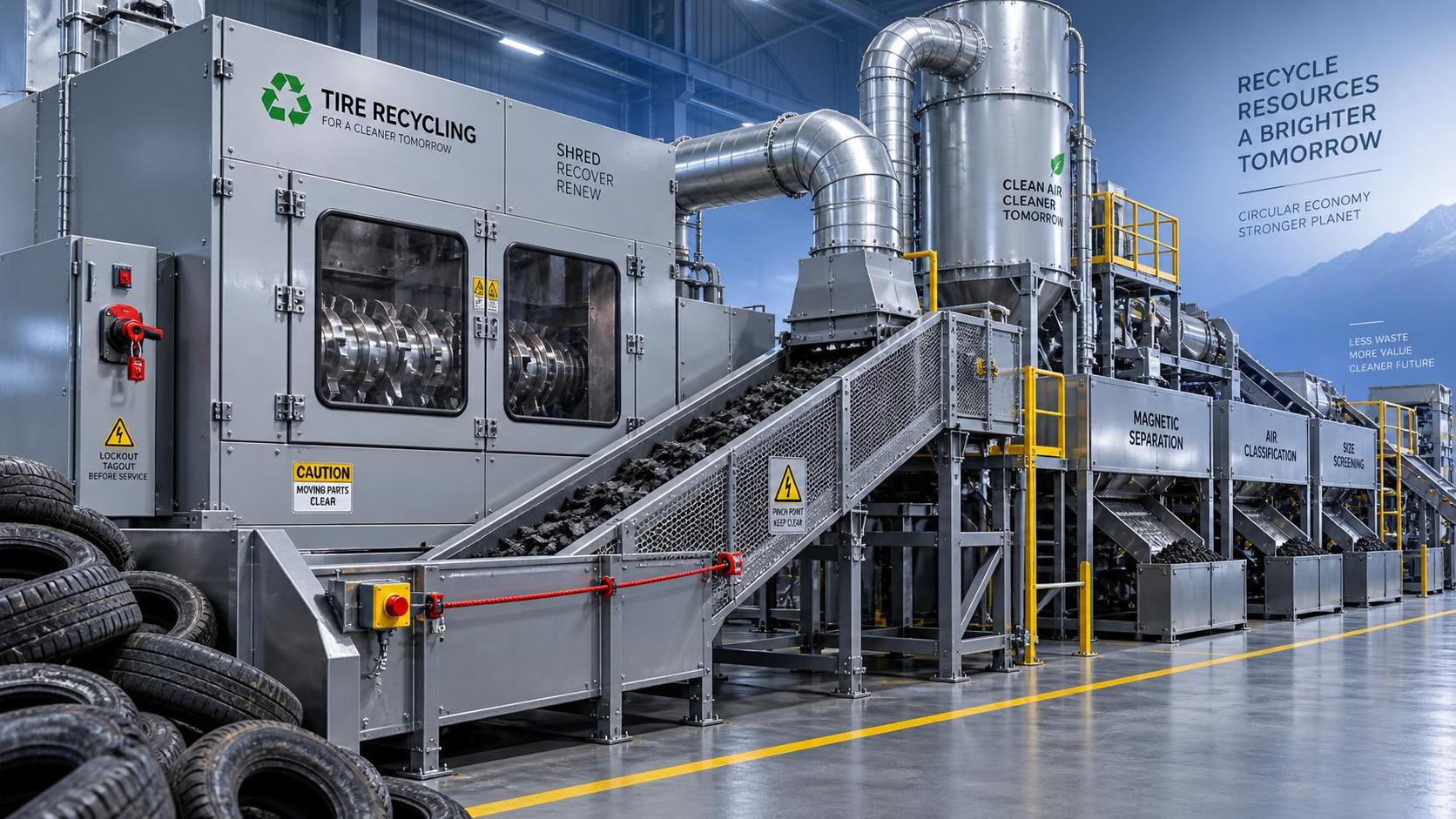 What safety guards should a tyre recycling machine include