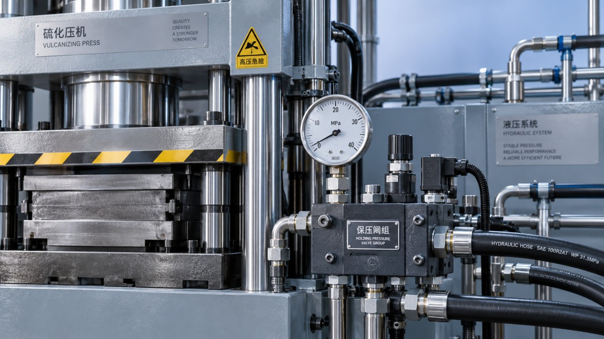 Why does a vulcanizing press lose pressure during the cure?