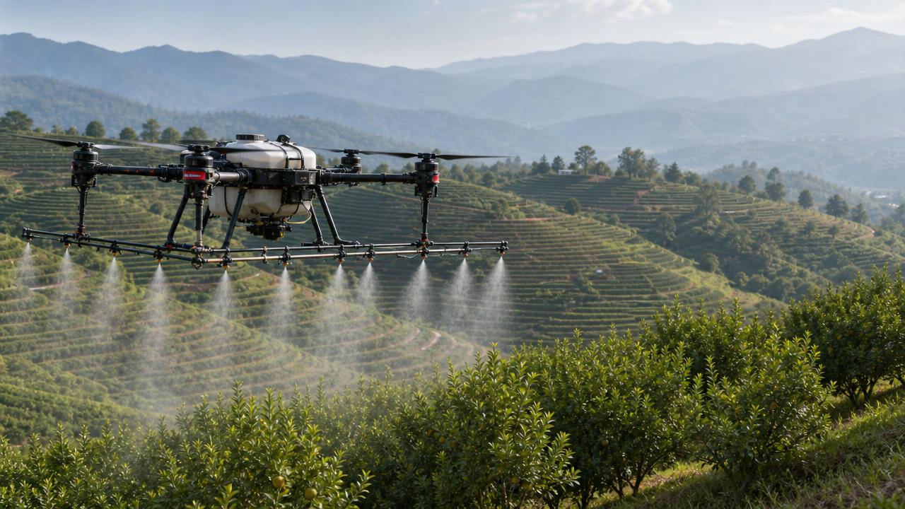 Agricultural drone for crop spraying on uneven terrain