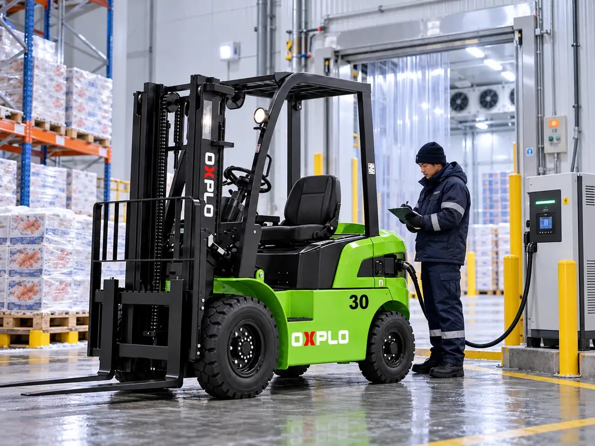 04_OXPLO_Electric_Forklift_Charging_Inspection Forklift for Thailand Cold Storage: Battery, Condensation and Floor Conditions to Check