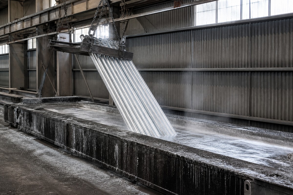 1792463333970995355692531712.png Hot dip galvanizing of steel pipe: bundle lowered into the molten zinc bath