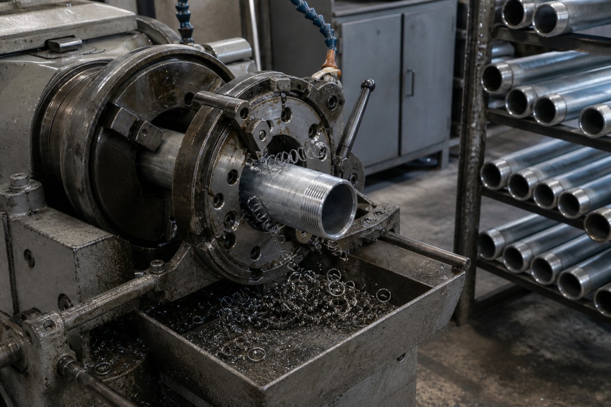 1792463334970995361153515520.png Threading a galvanized steel pipe on a die head with finished threaded pipes racked beside