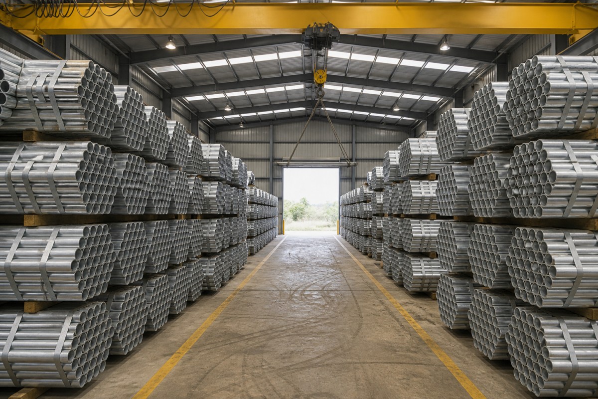 1792463335970995365020663808.png Galvanized steel pipe stockyard with hexagonal bundles stacked on dunnage