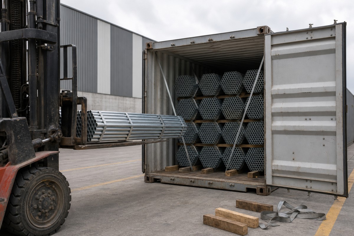 1792463337970995373438631936.png Loading galvanized steel pipe bundles into a 20ft container